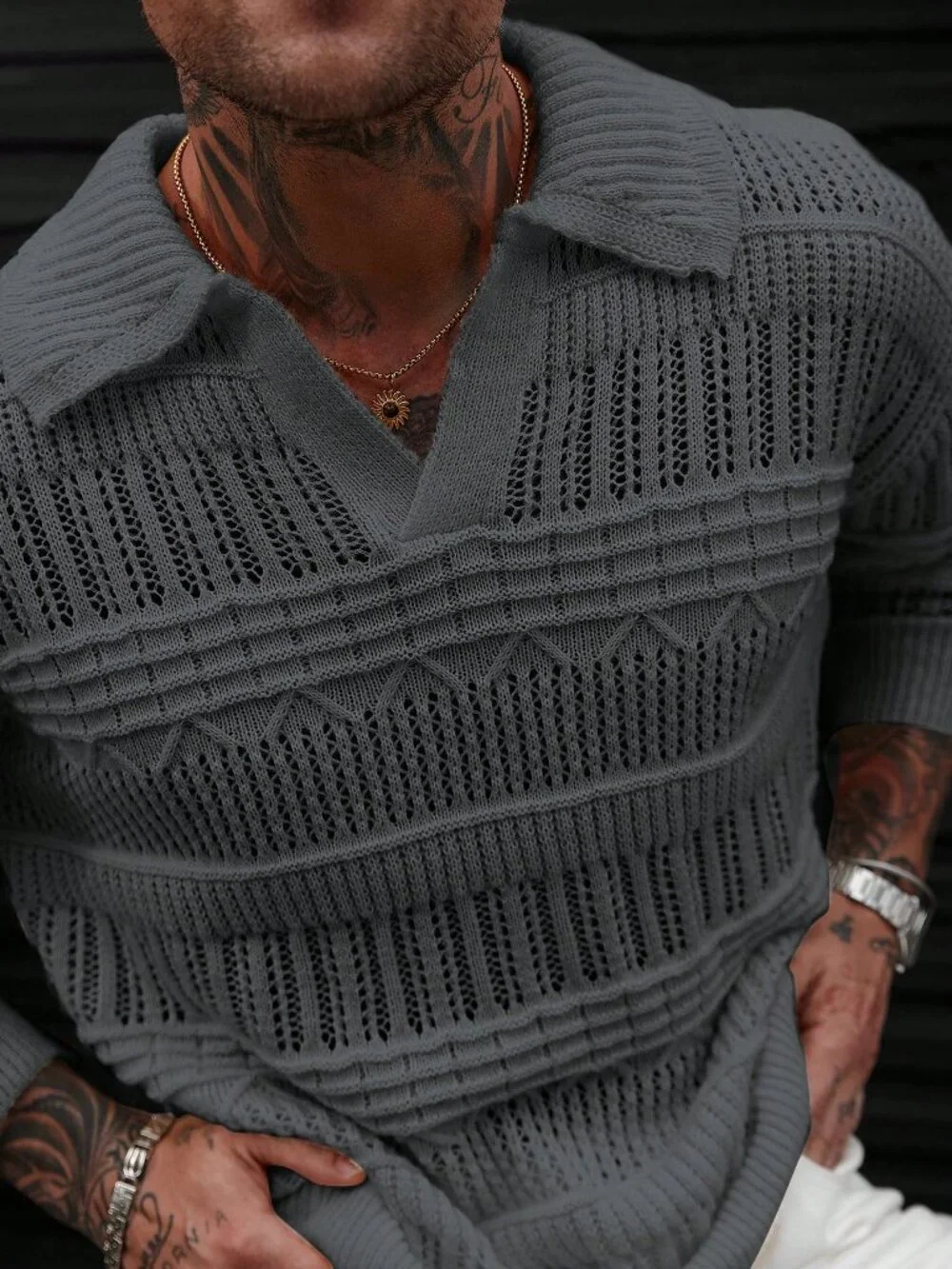 Grey Loose Casual Men's Long Sleeve V Neck Drop Shoulder Knit Sweater